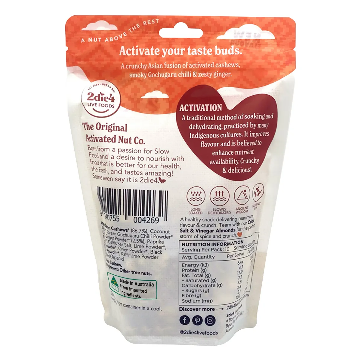 2Die4 Live Foods Activated & Organic Activated Korean Chilli & Ginger Cashews 120g, 300g - Image 2