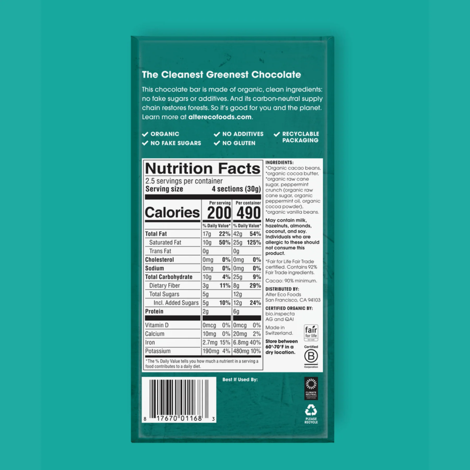 Alter Eco Chocolate 80g, Mint Blackout 90% Cacao, Certified Organic - Image 3