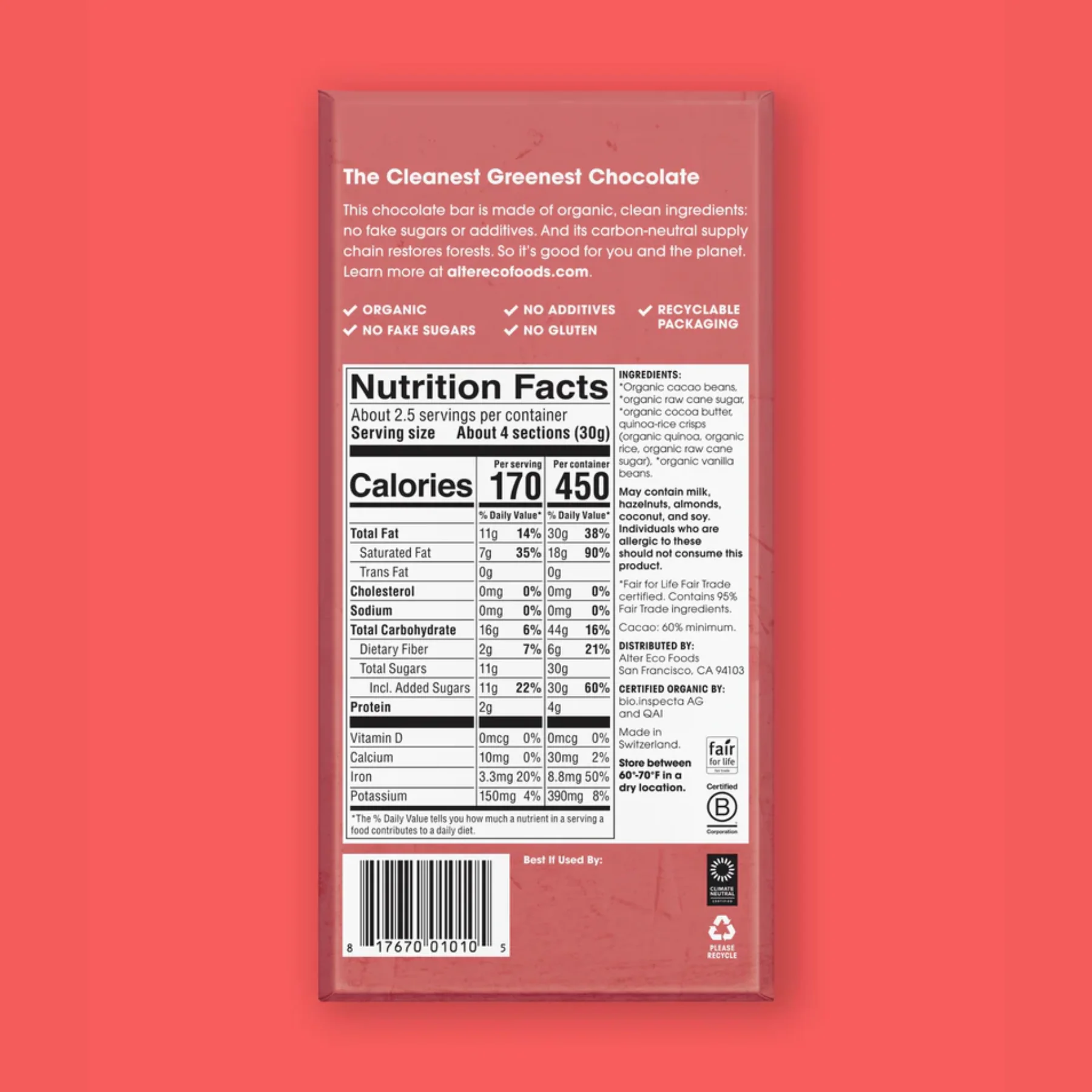 Alter Eco Chocolate 80g, Dark Quinoa Crunch Flavour 60% Cacao, Certified Organic - Image 3