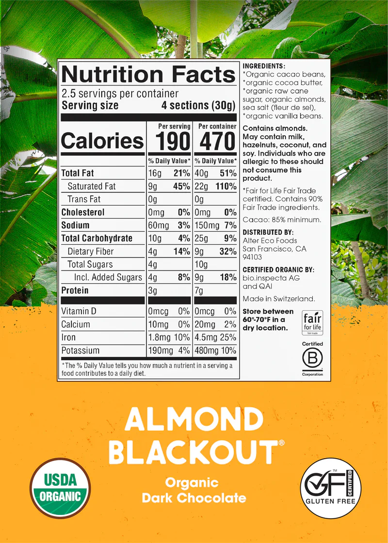 Alter Eco Chocolate 75g, Dark Almond Blackout Flavour 85% Cacao, Certified Organic - Image 3