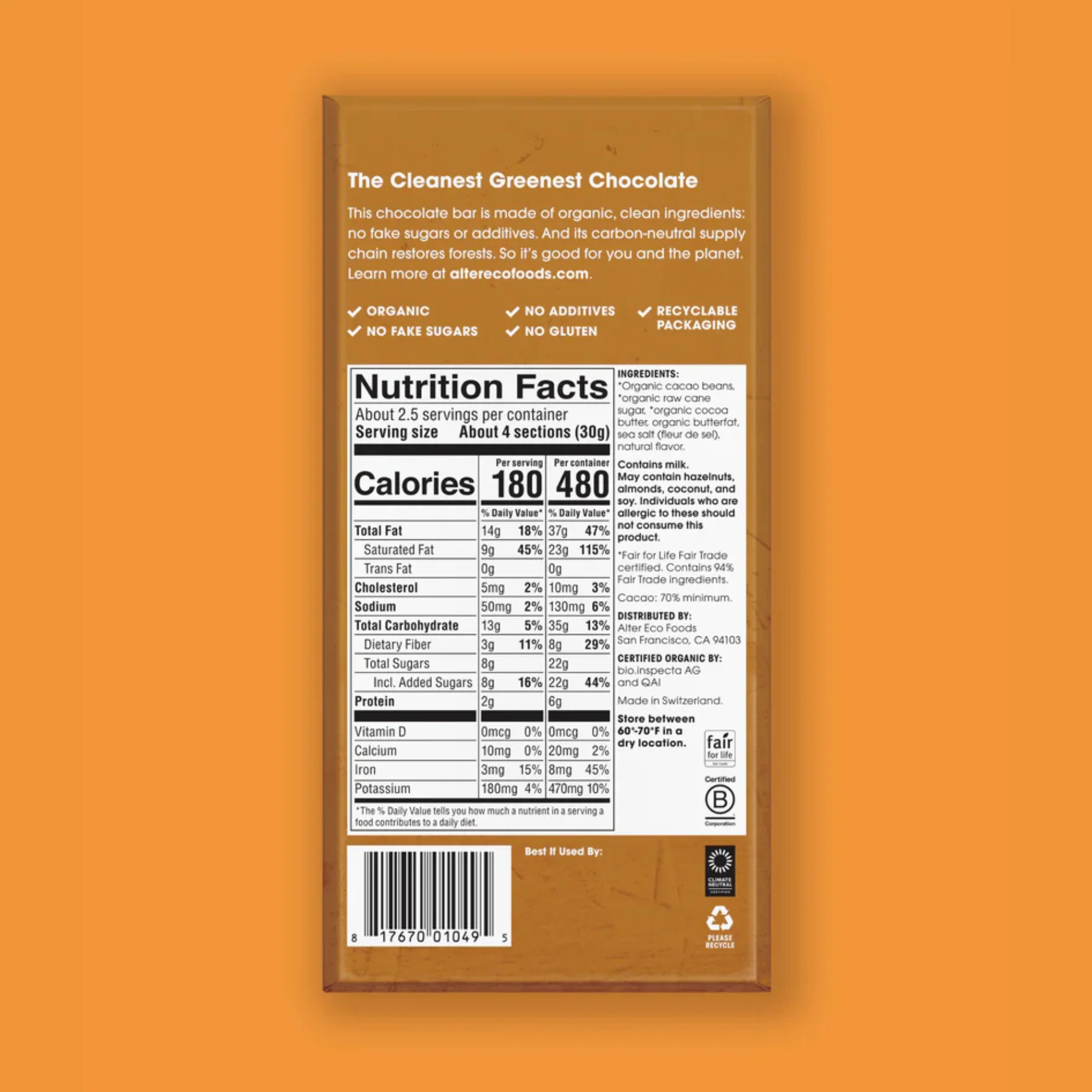 Alter Eco Chocolate 80g, Dark Salted Brown Butter Flavour 70% Cacao, Certified Organic - Image 3