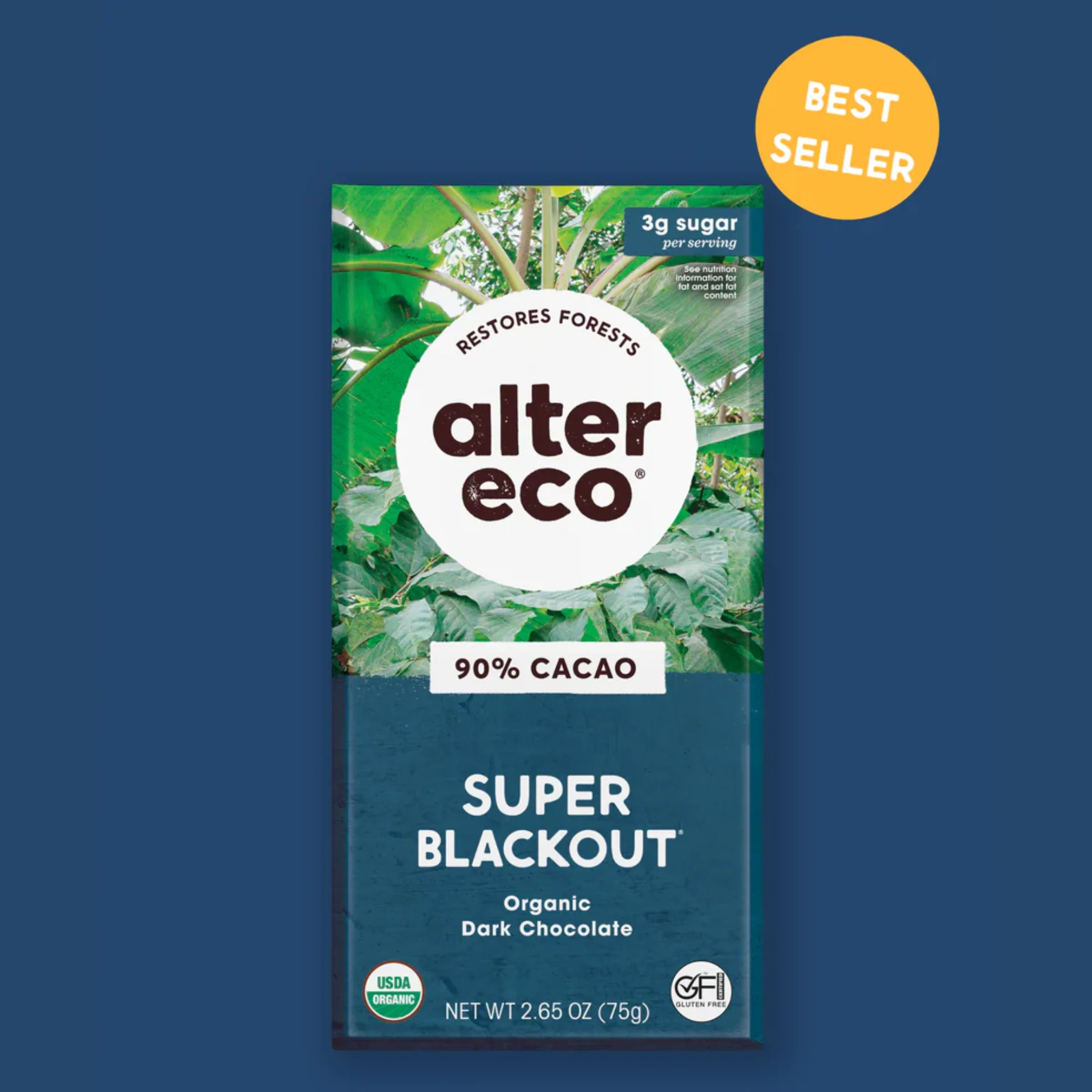 Alter Eco Chocolate 75g, Deepest Dark Super Blackout Flavour 90% Cacao, Certified Organic
