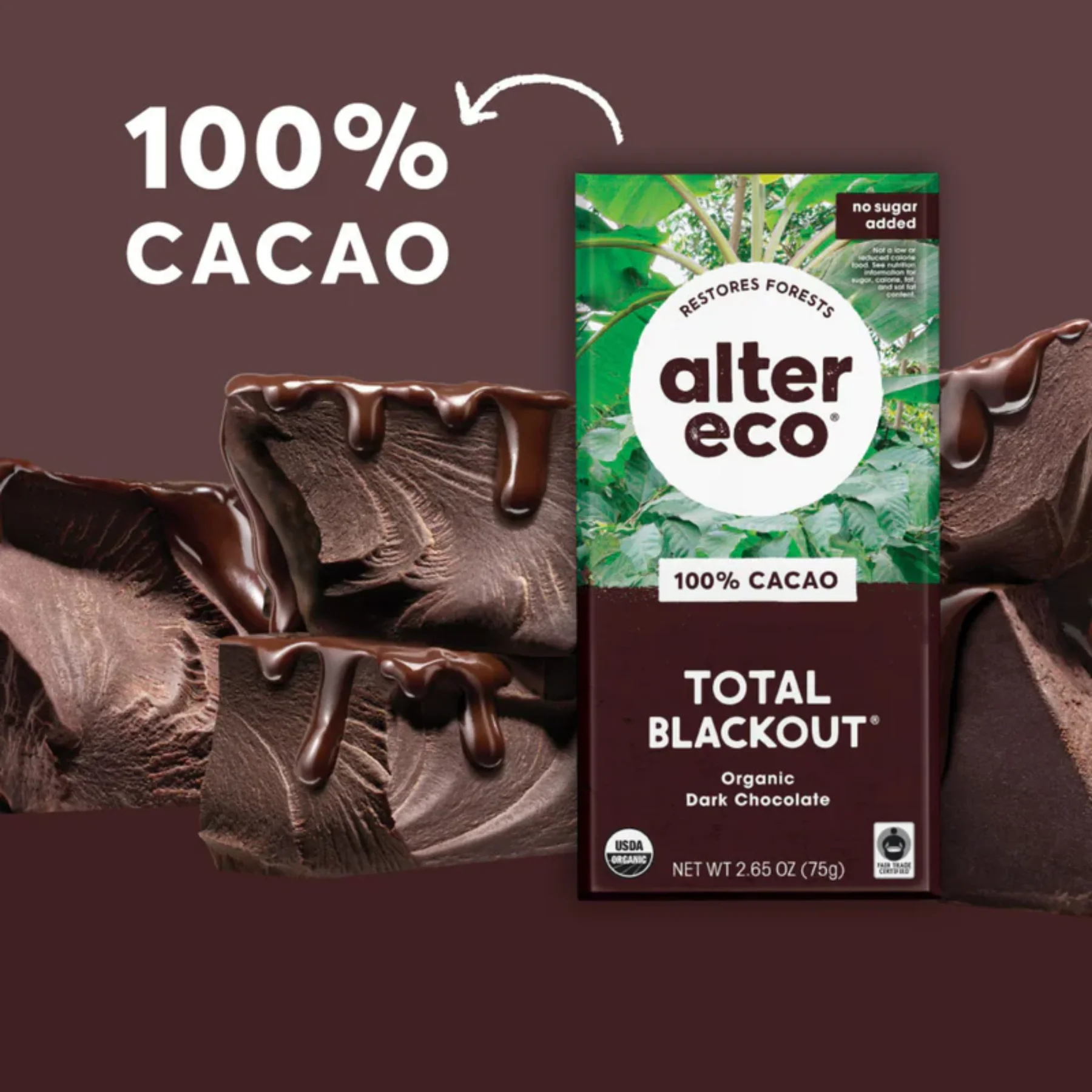 Alter Eco Chocolate 75g, Total Blackout Flavour 100% Cacao, Certified Organic