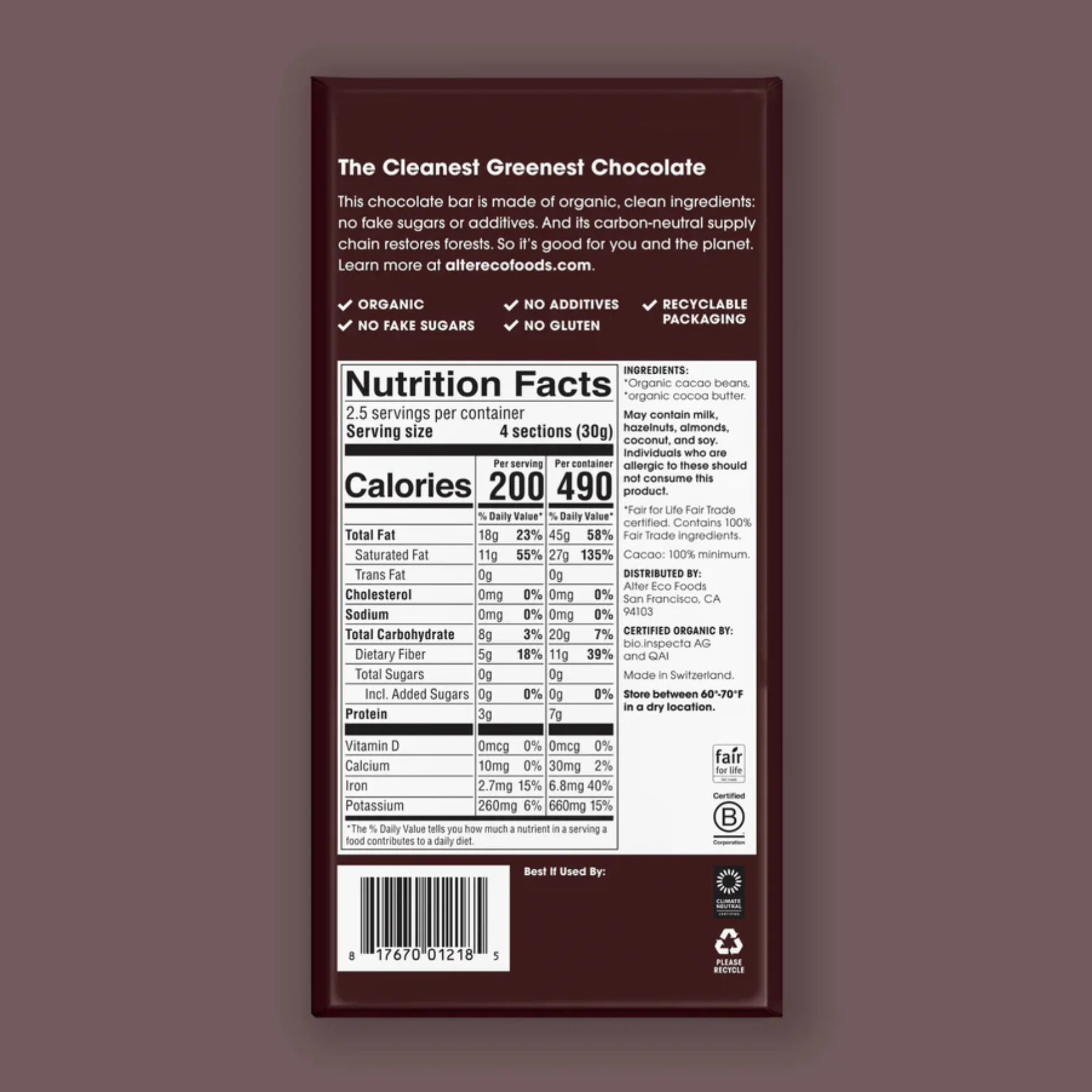 Alter Eco Chocolate 75g, Total Blackout Flavour 100% Cacao, Certified Organic - Image 3