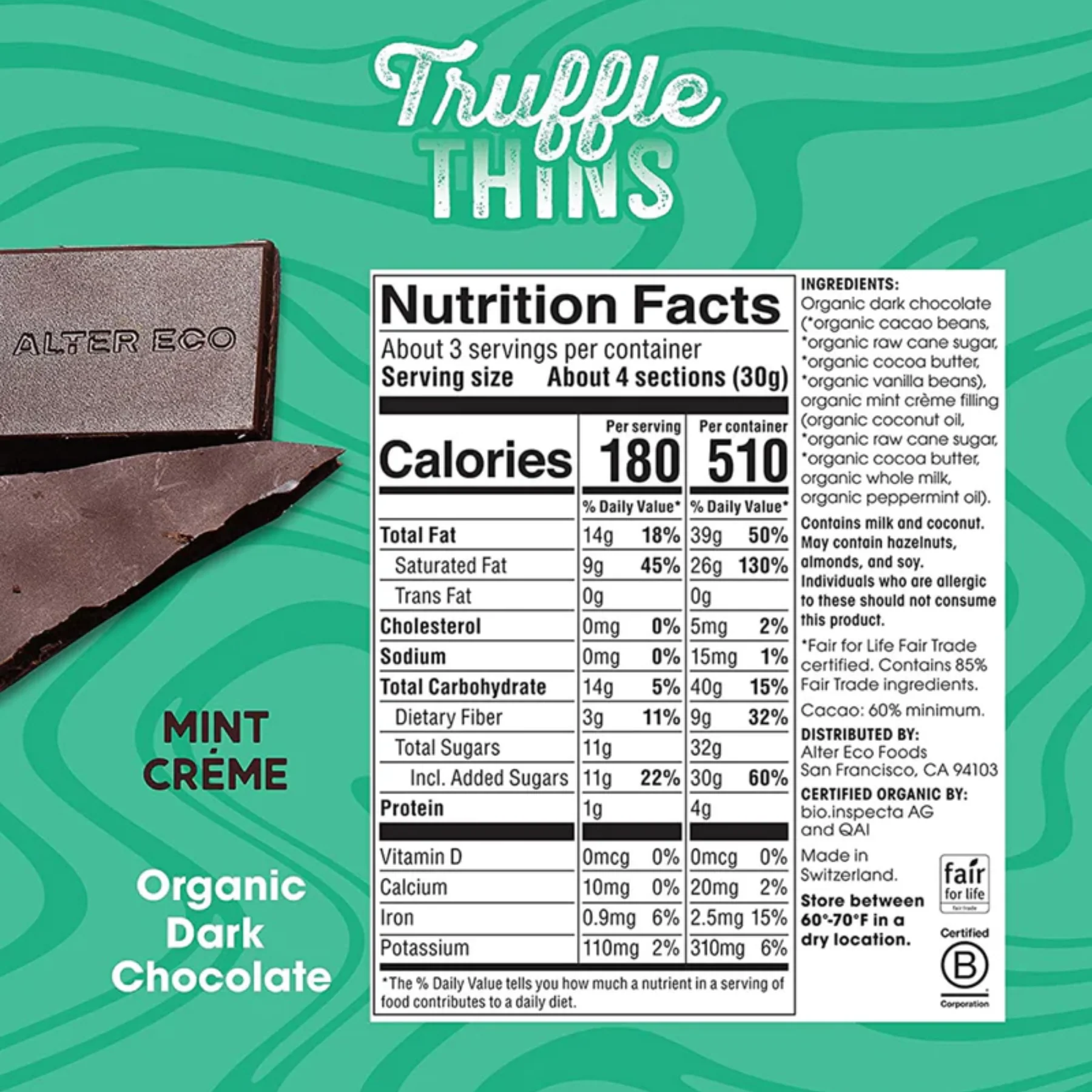 Alter Eco Dark Chocolate Truffle Thins 84g, Mint Creme Flavour & Certified Organic - Image 3