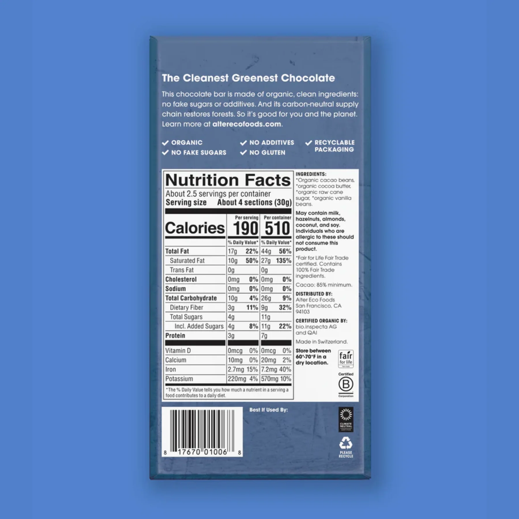 Alter Eco Chocolate 80g, Classic Blackout Flavour 85% Cacao, Certified Organic - Image 3