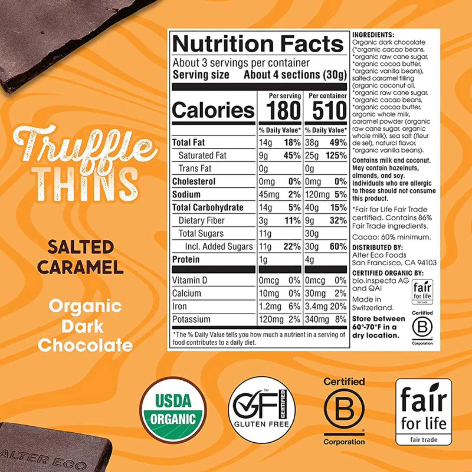 Alter Eco Dark Chocolate Truffle Thins 84g, Salted Caramel Flavour & Certified Organic - Image 2