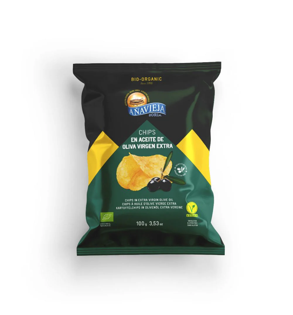 Anavieja Organic Potato Chips In Extra Virgin Olive Oil 100g, From Spanish Potatoes. Arriving 11th of May.