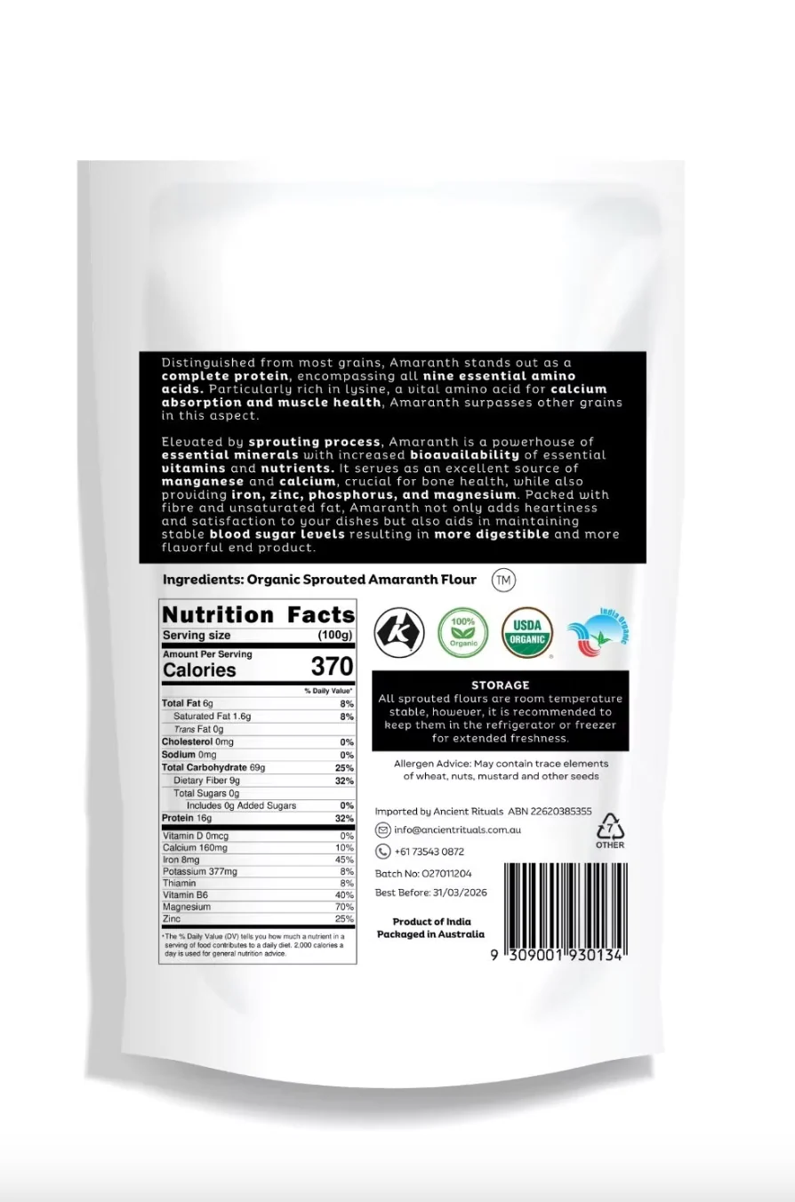 Ancient Rituals Sprouted Amaranth Flour 500g, 100% Certified Organic - Image 3