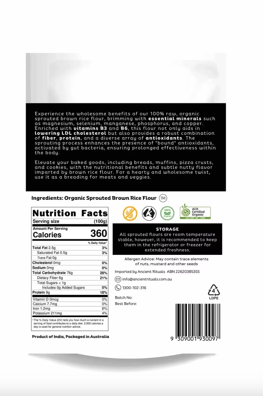 Ancient Rituals Sprouted Brown Rice Flour 500g, 100% Certified Organic - Image 2