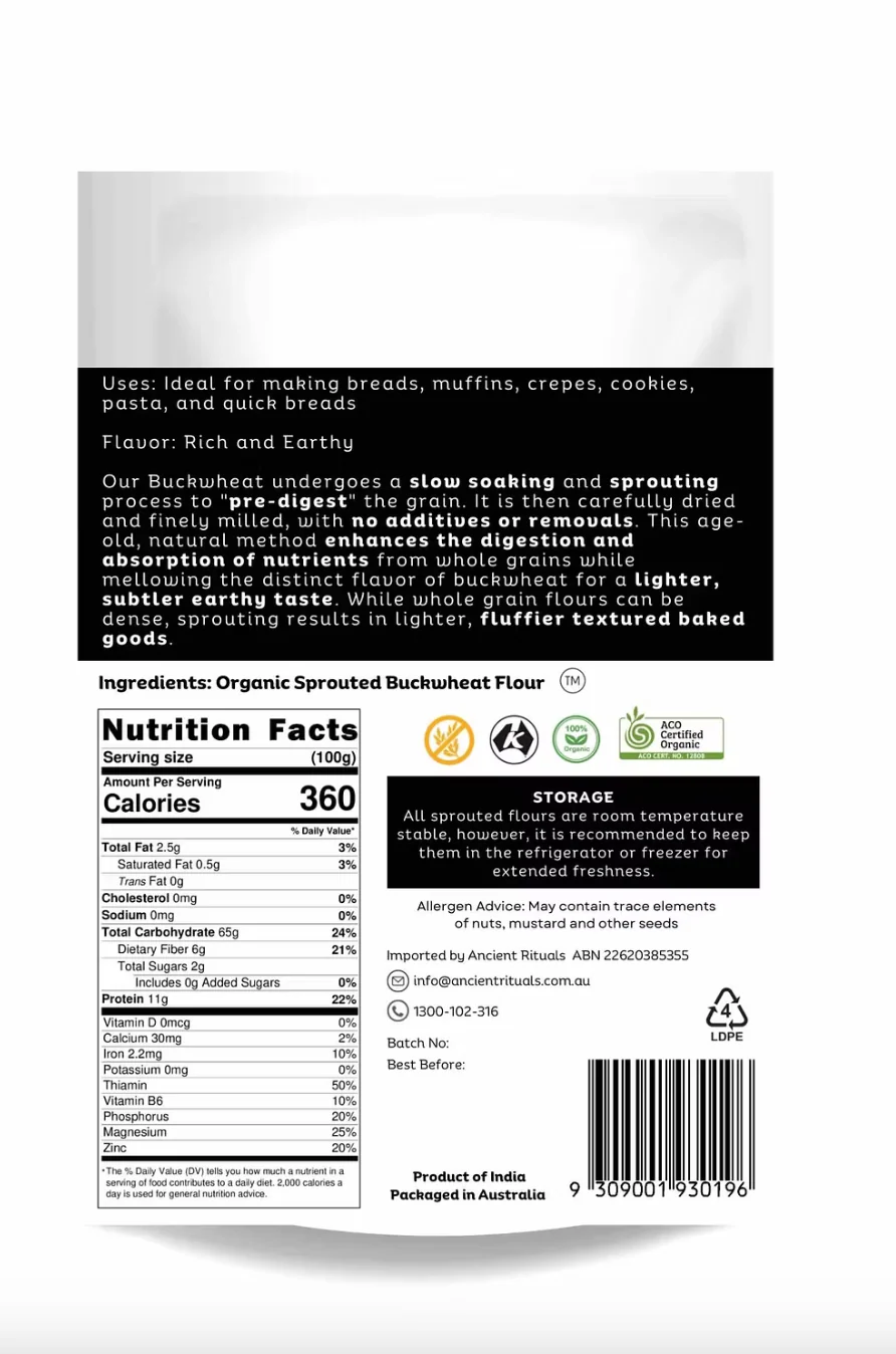 Ancient Rituals Sprouted Buckwheat Flour 500g, 100% Certified Organic - Image 2