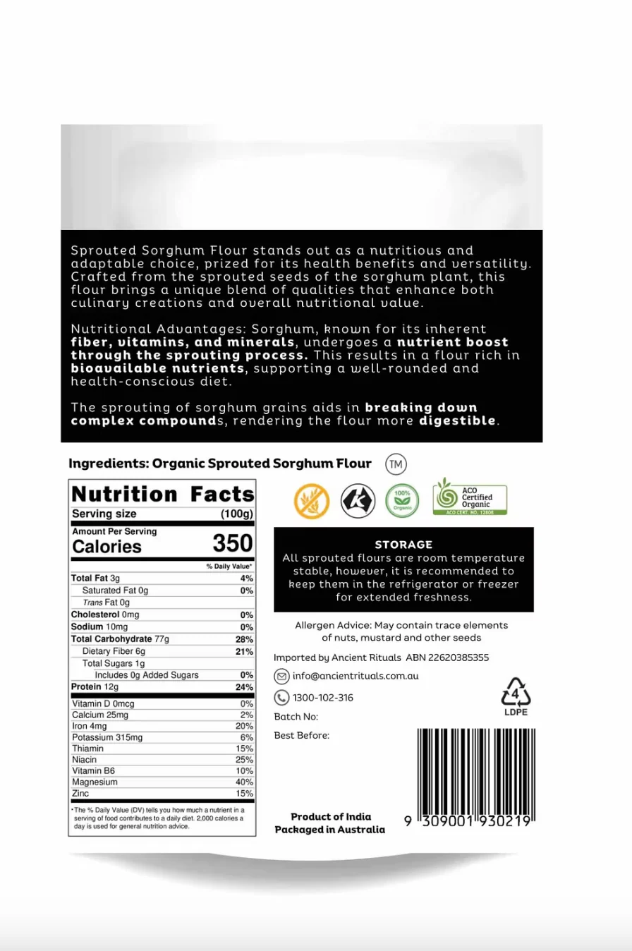Ancient Rituals Sprouted Sorghum Flour 500g, Cold Milled & 100% Organic - Image 3