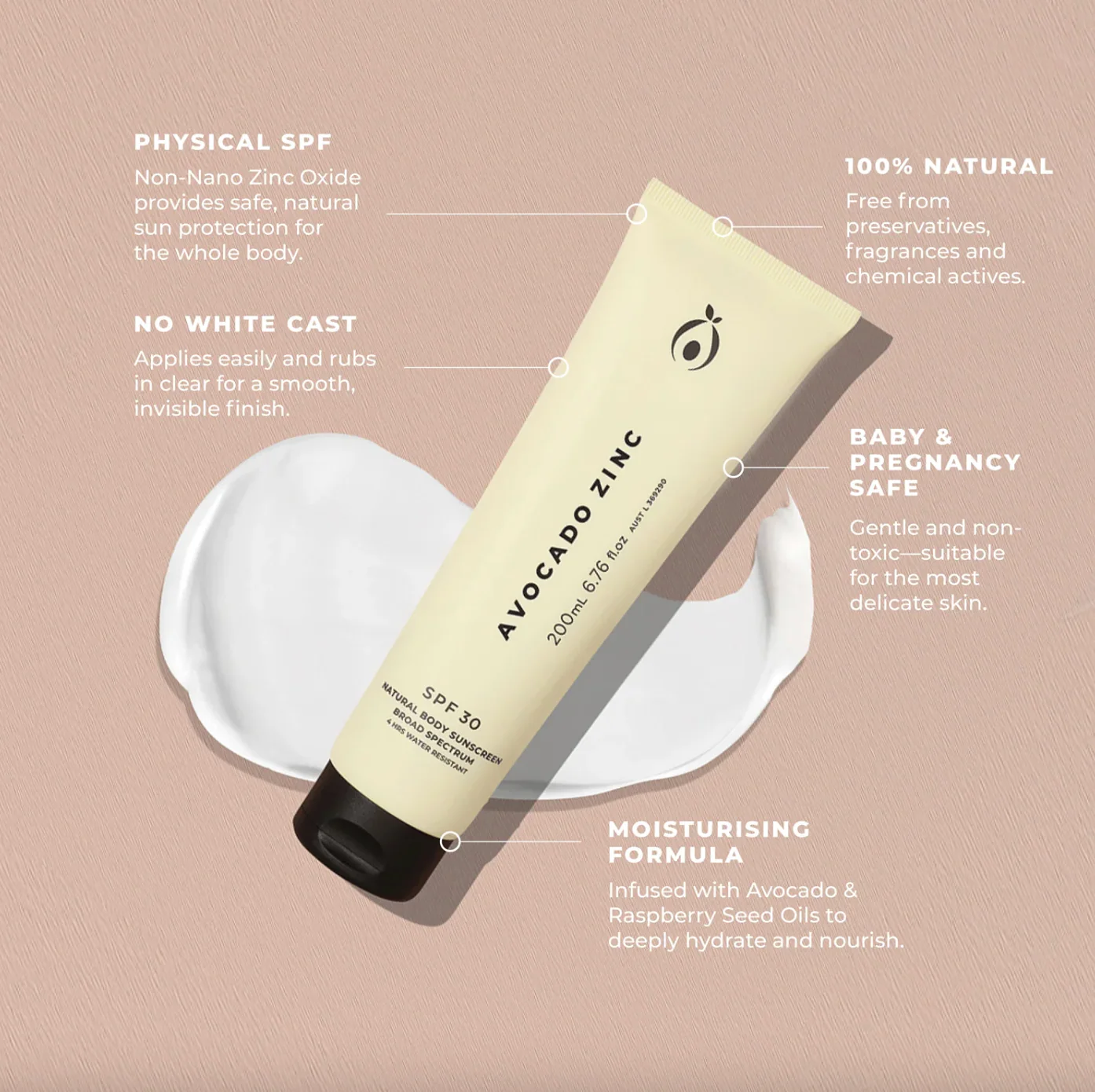 Avocado Zinc SPF 30 Natural Body Sunscreen 200mL, Rubs In Clear - Image 5