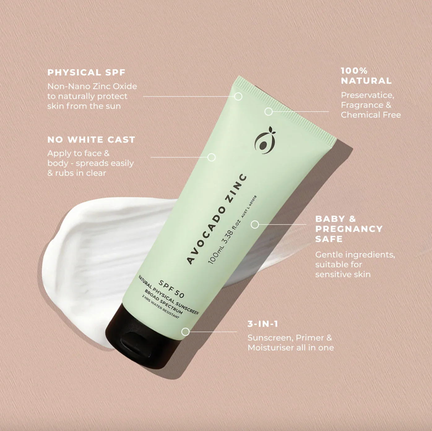 Avocado Zinc SPF 50 Natural Physical Sunscreen 100mL, 2 Hours Water Resistant - Image 5