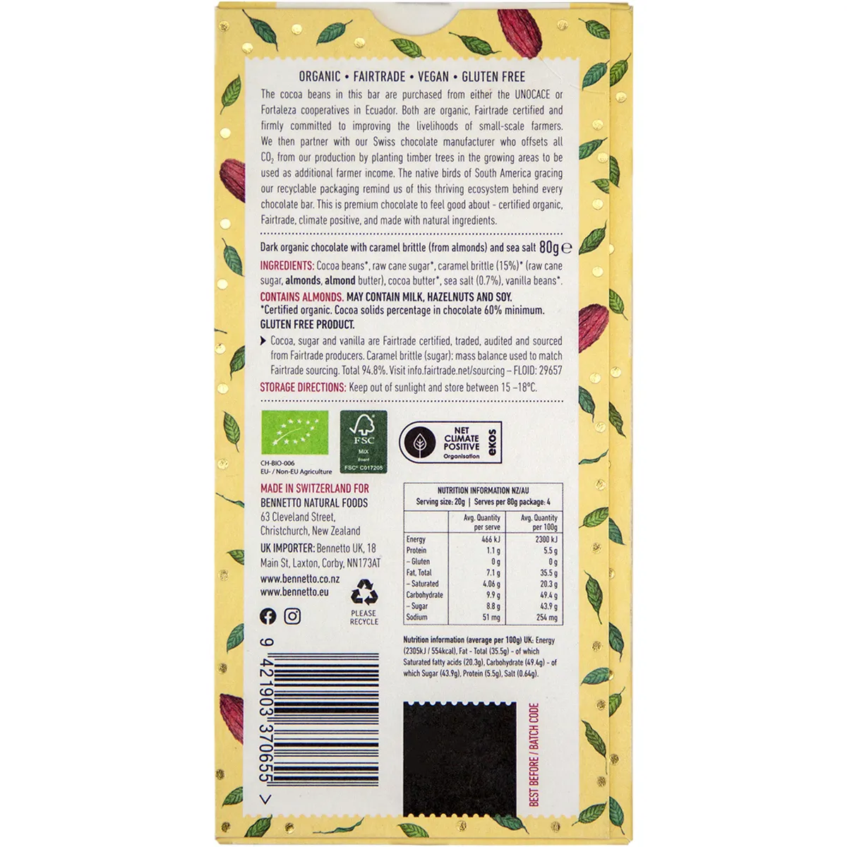 Bennetto Organic Dark Chocolate 80g, Dark Salted Caramel Flavour - Image 3