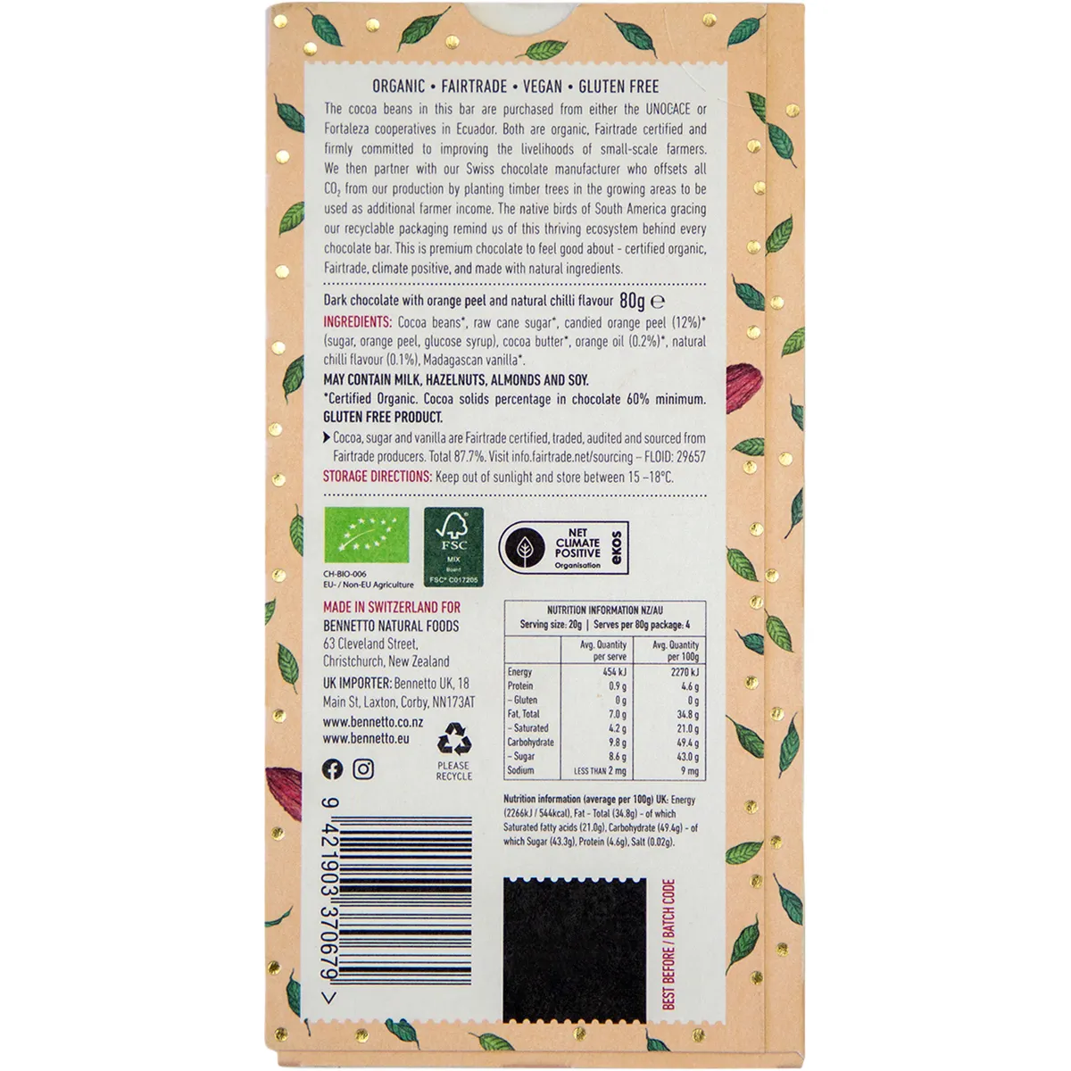 Bennetto Organic Dark Chocolate 80g, Orange With Chilli Flavour - Image 3