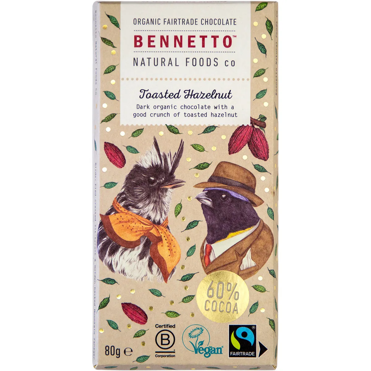 Bennetto Organic Dark Chocolate 80g, Toasted Hazelnut Flavour - Image 2