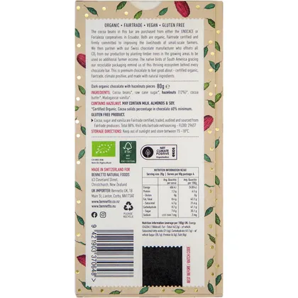 Bennetto Organic Dark Chocolate 80g, Toasted Hazelnut Flavour - Image 3