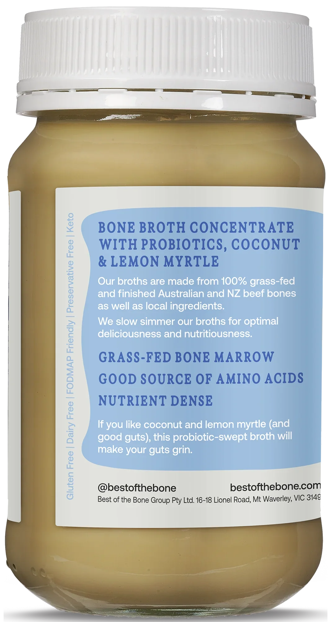 Best Of The Bone Probiotic Coconut Lemon Myrtle Bone Broth 390g, Collagen Protein Dense Broth Concentrate - Image 3