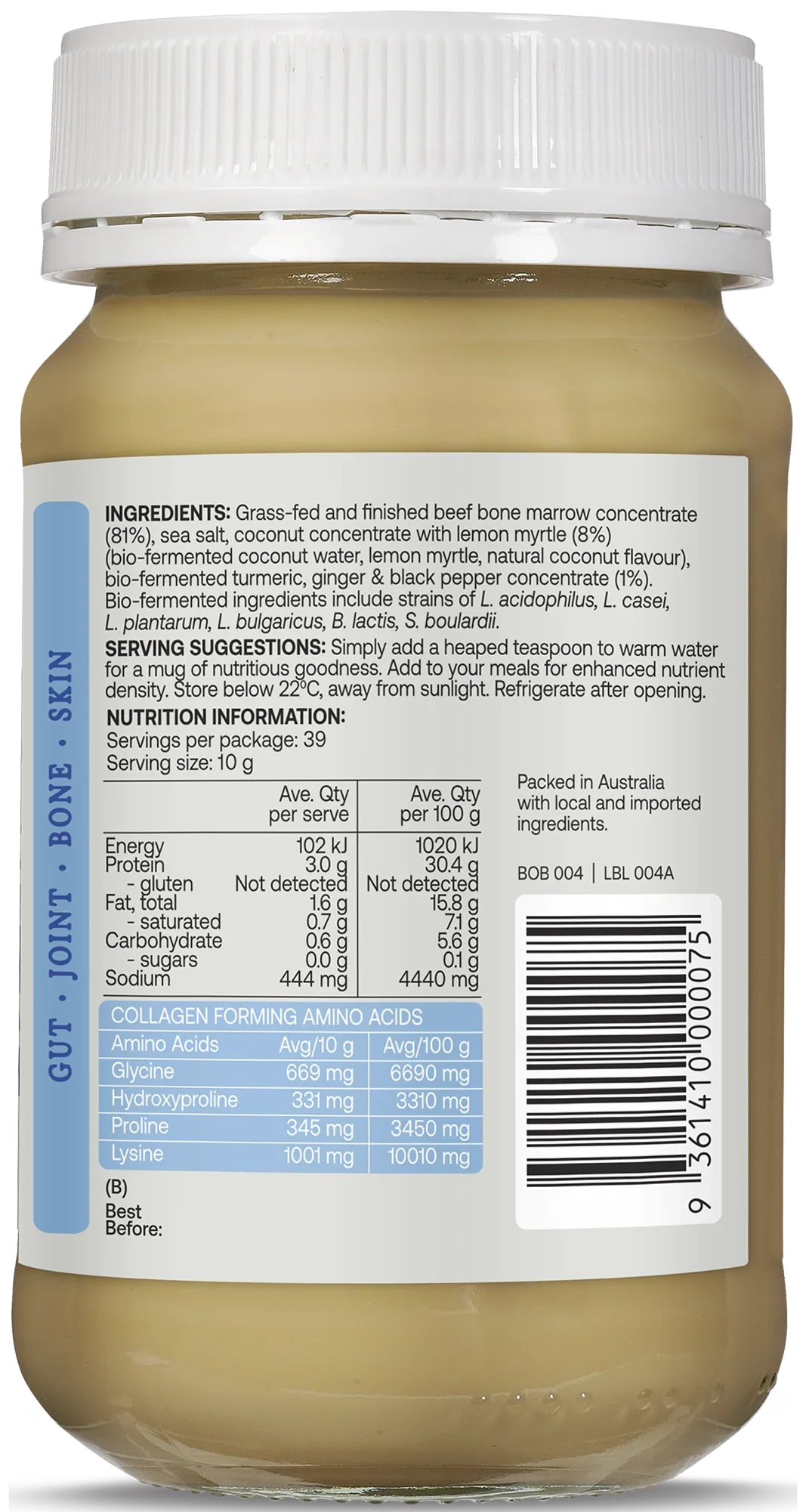 Best Of The Bone Probiotic Coconut Lemon Myrtle Bone Broth 390g, Collagen Protein Dense Broth Concentrate - Image 4
