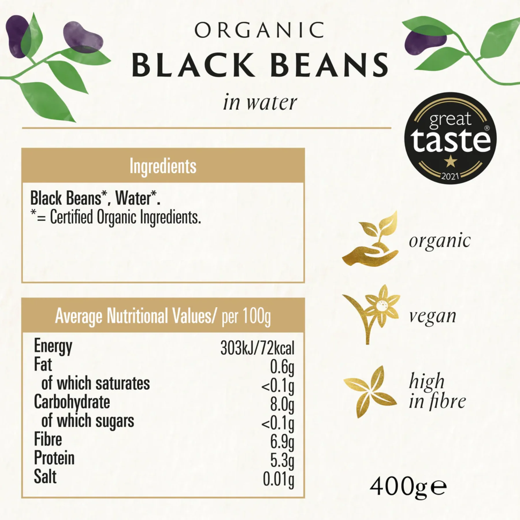 Biona Organic Black Beans In Water 400g, No Added Sugar - Image 2