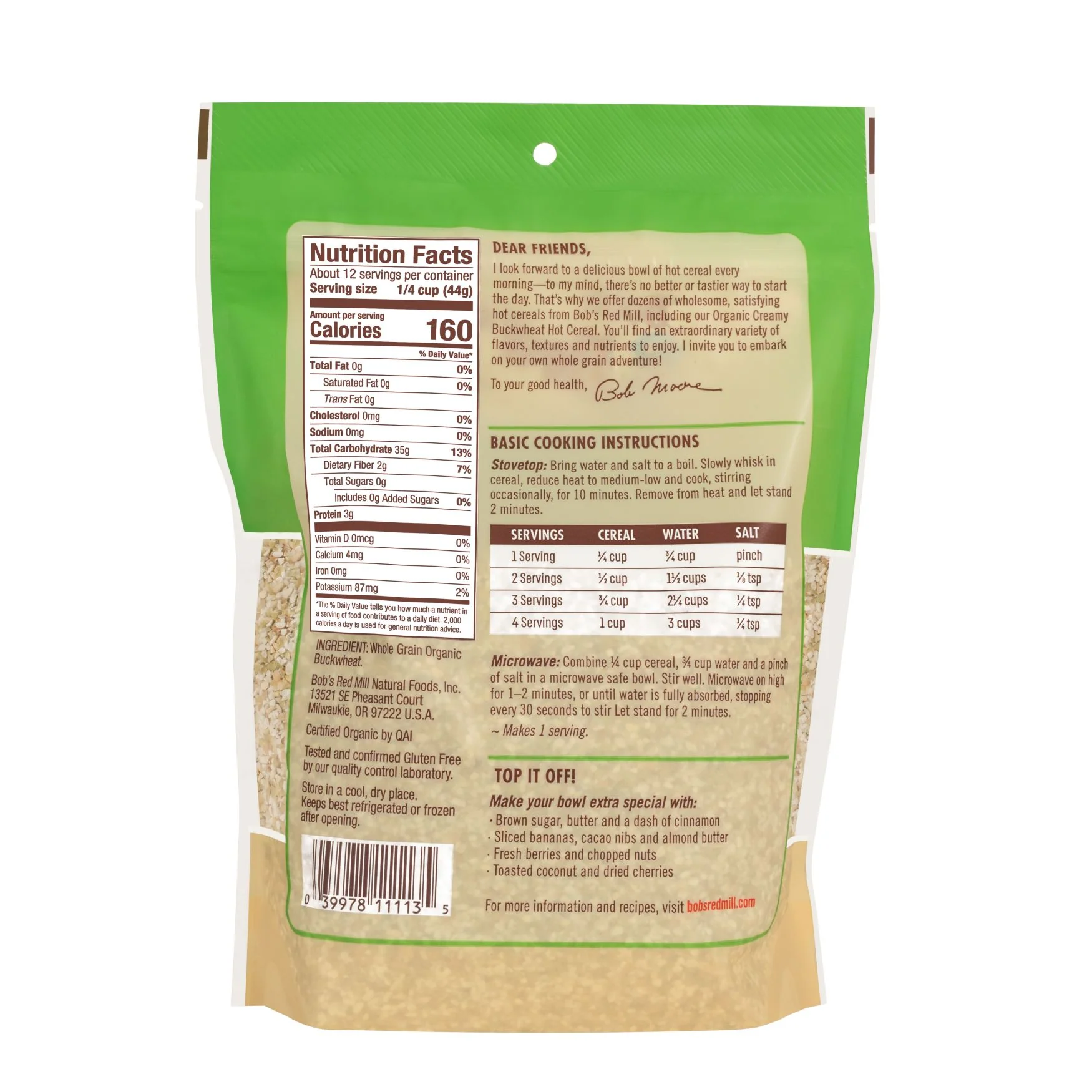 Bob's Red Mill Certified Organic Creamy Buckwheat Cereal 510g, Freshly Milled From Organic Buckwheat - Image 2