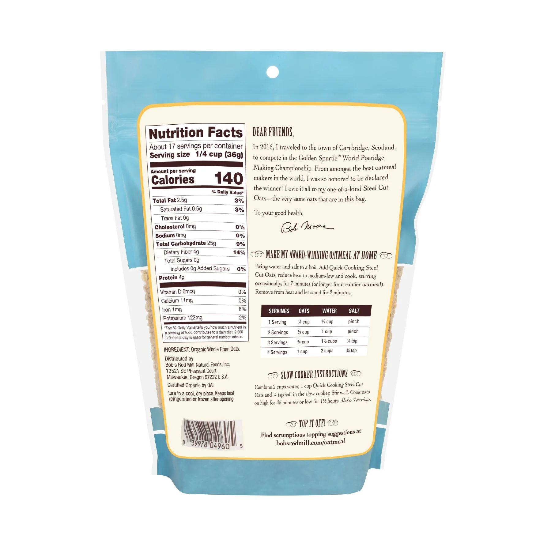 Bob's Red Mill Quick Cooking Steel Cut Oats 624g, Certified Organic - Image 2