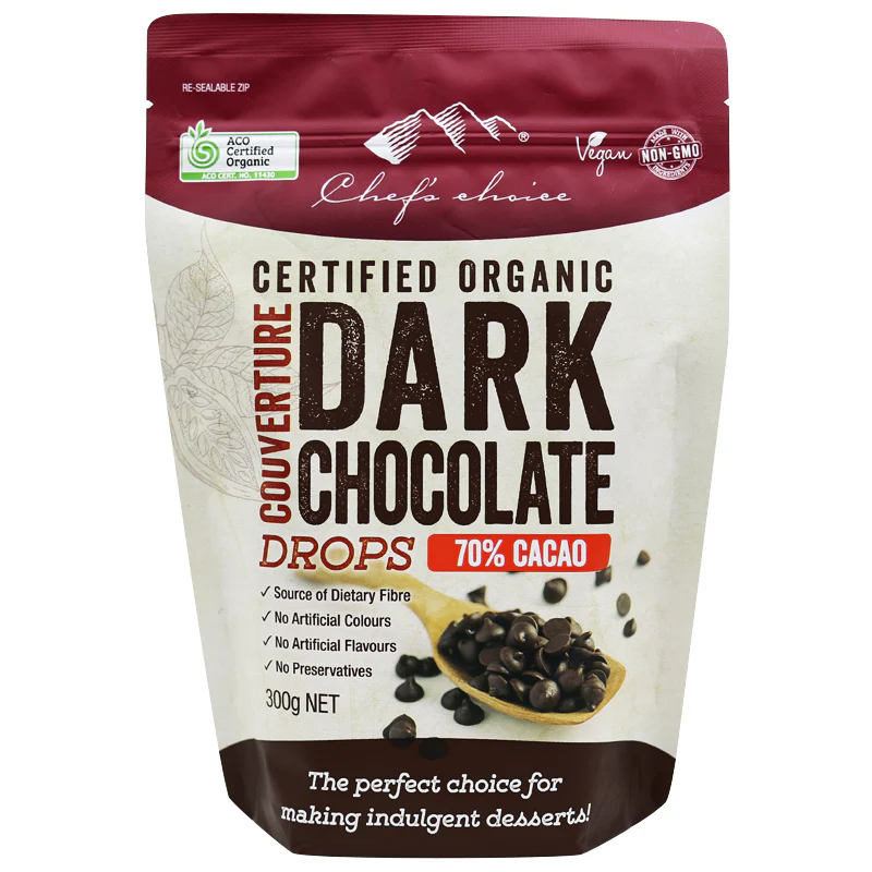 Chef's Choice Dark Chocolate Couverture Drops, 70% Cacao 300g, Certified Organic