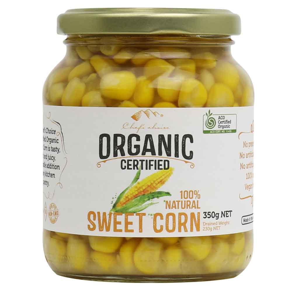 Chef's Choice Certified Organic Sweet Corn 350g, 100% Natural