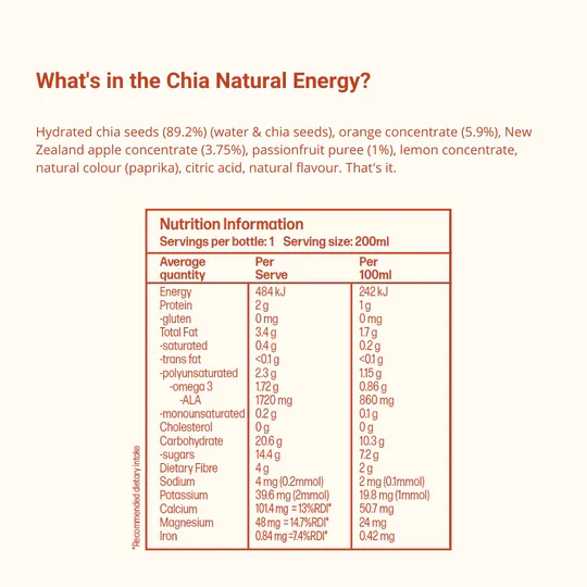 Chia Sisters Chia Natural Energy Drink 100mL, Orange & Passionfruit Superfood With Electrolytes - Image 3