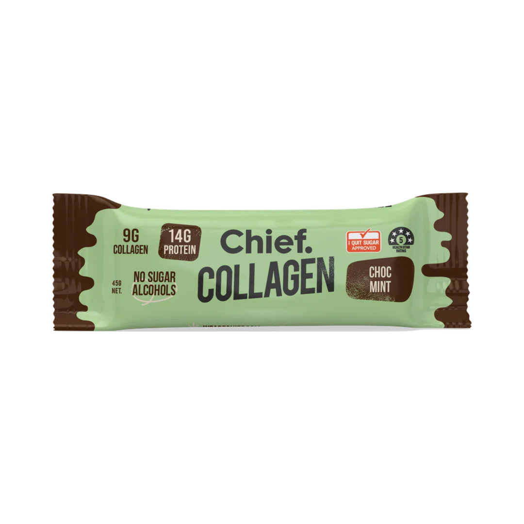 Chief. Collagen Bar Single Bar 45g Or A Box Of 12, Choc Mint Flavour