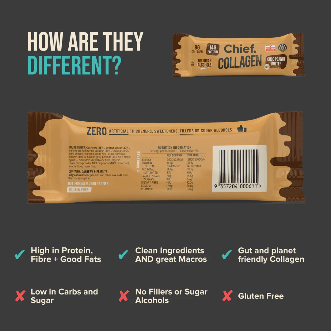 Chief. Collagen Bar Single Bar 45g Or A Box Of 12, Choc Peanut Butter Flavour - Image 2