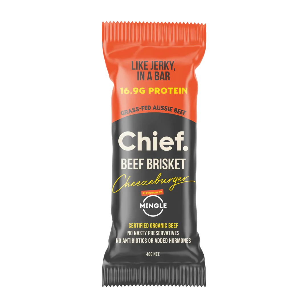 Chief. Grass-Fed Beef Brisket Bar Single Bar 40g Or A Box Of 12 Bars, Cheeseburger Flavour Like Jerky In A Bar
