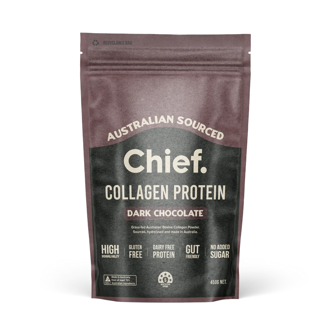 Chief. Grass-Fed Collagen Protein Powder 450g, Dark Chocolate Flavour; Gut Friendly & Zero Sugar