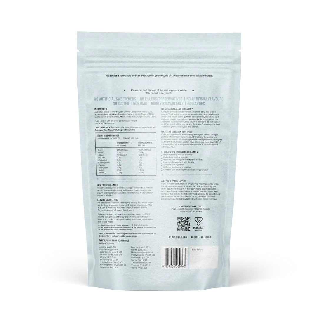 Chief. Grass-Fed Collagen Protein Powder 450g, Creamy Vanilla Flavour; Gut Friendly & Zero Sugar - Image 2