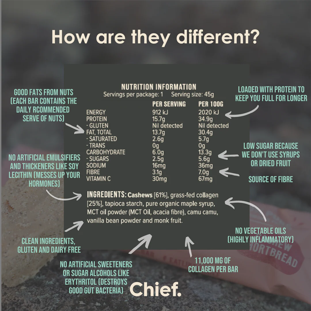 Chief. Collagen Bar Single Bar 45g Or A Box Of 12, Cashew Shortbread Flavour - Image 4