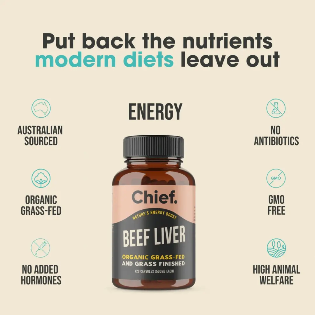 Chief. Organic Grass-Fed Beef Liver 120 Capsules, No Added Hormones Or Antibiotics