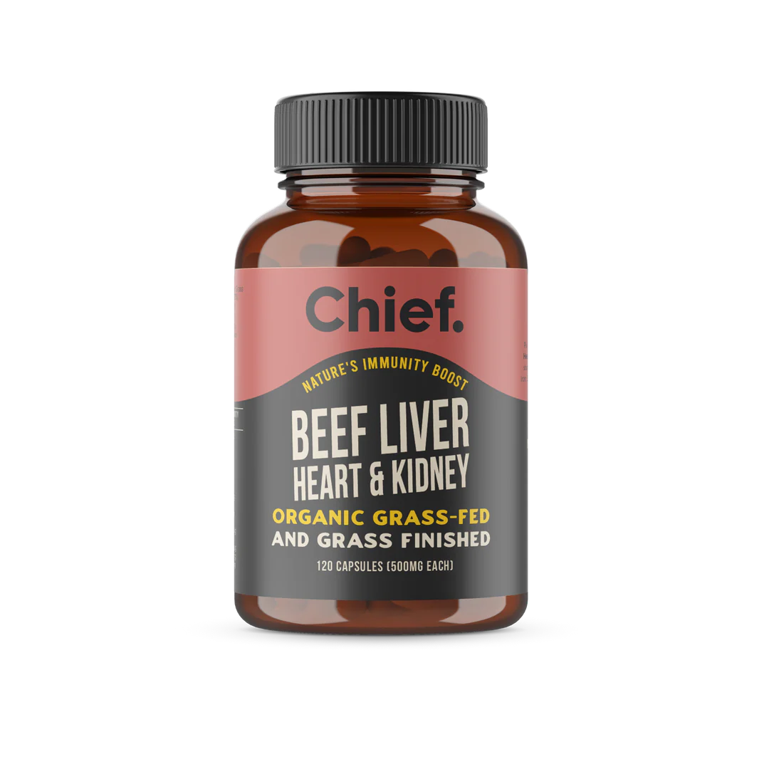 Chief. Organic Grass-Fed Beef Liver Heart & Kidney 120 Capsules, No Added Hormones Or Antibiotics