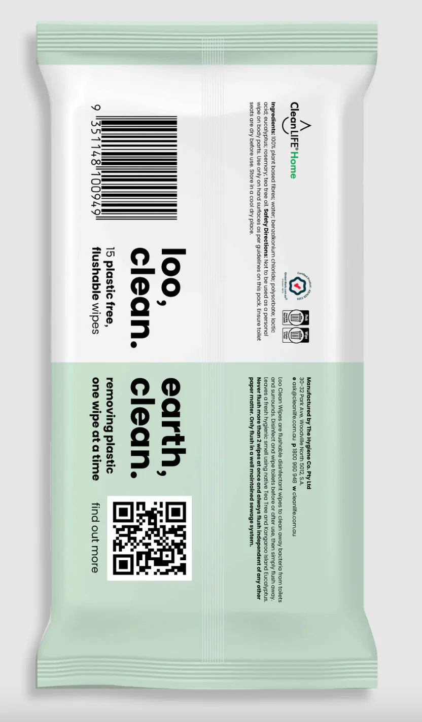 Clean LIFE Loo Clean Disinfectant Wipes 15pk or 60pk, Plastic Free & Flushable - Image 2