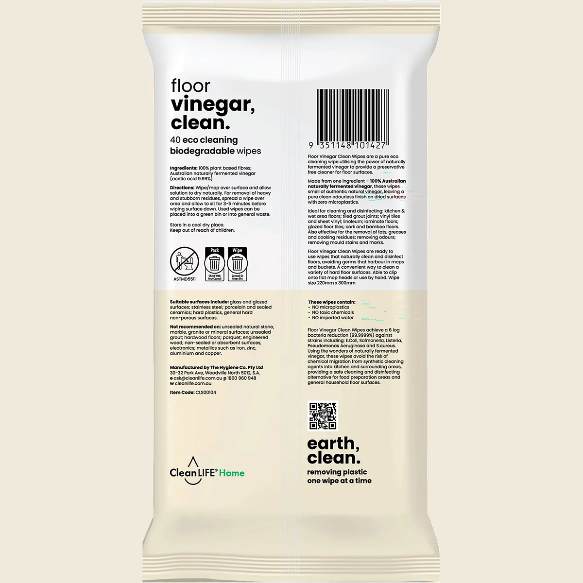 CleanLIFE Vinegar Clean Floor Plastic Free Wipes 40pk, Powerful Clean Planet Approved. (Copy) - Image 2