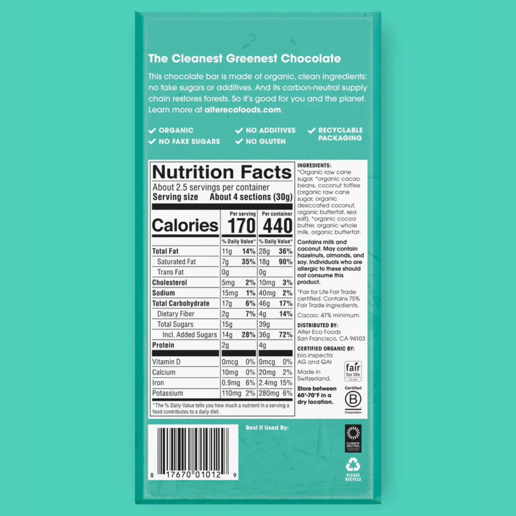 Alter Eco Chocolate 80g, Dark Salted Coconut Toffee Flavour 47% Cacao, Certified Organic - Image 2