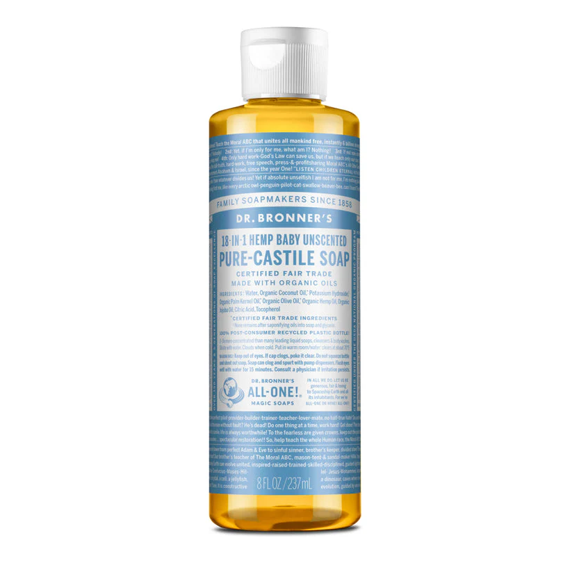 Dr Bronner's Organic 18-in-One Hemp Pure Castile Liquid Soap 59ml, 237ml, 473ml Or 946ml, Baby Unscented Fragrance