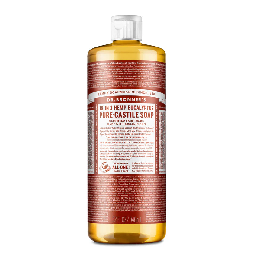 Dr Bronner's Organic 18-in-One Hemp Pure Castile Liquid Soap 59ml, 237ml, 473ml Or 946ml, Eucalyptus Fragrance - Image 4
