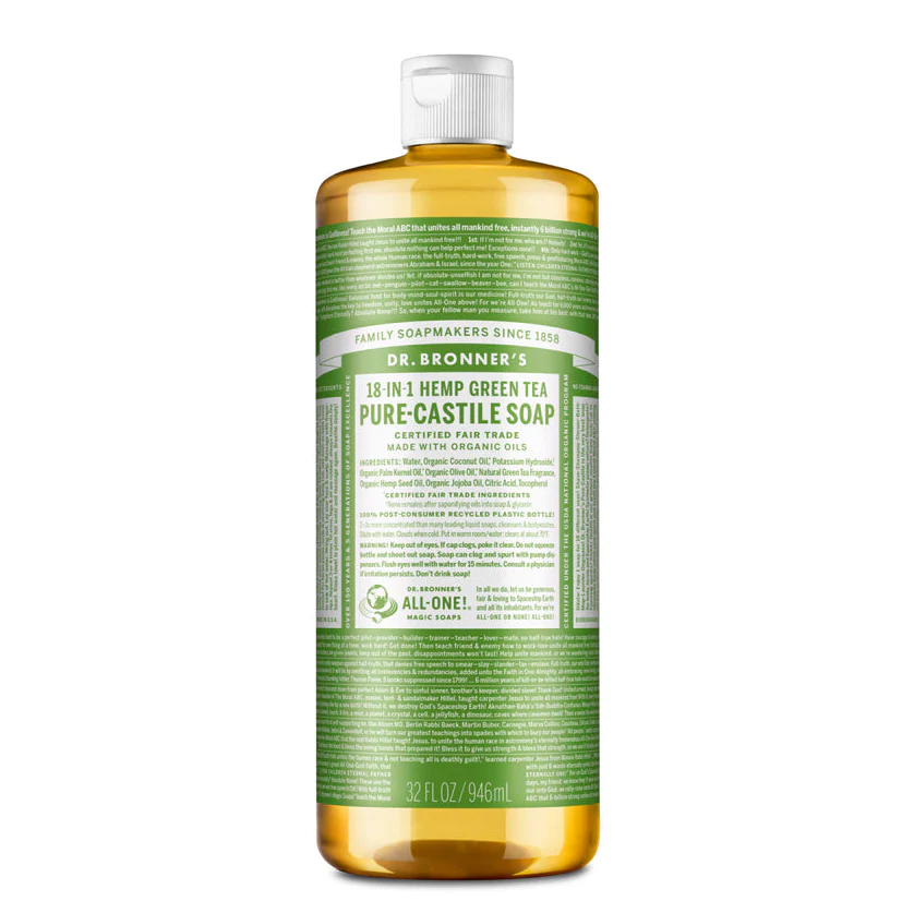 Dr Bronner's Organic 18-in-One Hemp Pure Castile Liquid Soap 59ml, 237ml, 473ml Or 946ml, Green Tea Fragrance - Image 4