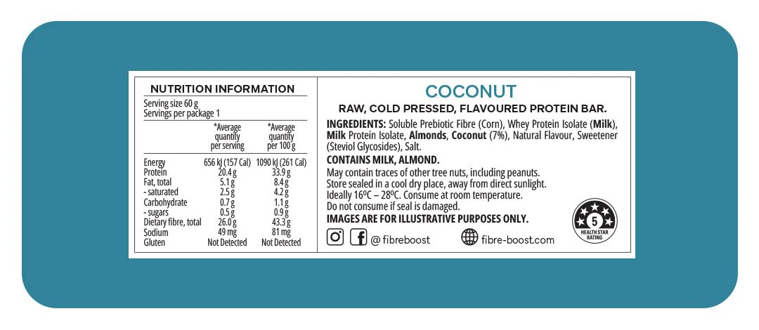 Fibre Boost Cold Pressed Protein Bar Single or Box of 12, Coconut Flavor - Image 3