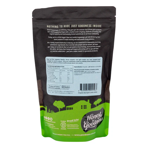Honest To Goodness Certified Organic Red Split Lentils 500g Or 1.2Kg, Quick Cooking - Image 2