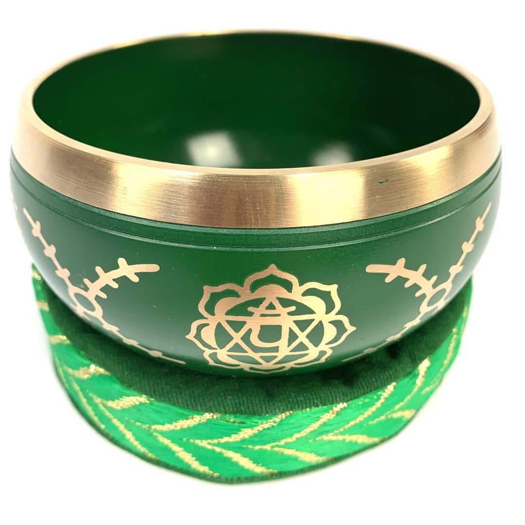 Tibetan Singing Bowl 10cm, Brass Chakra With Matching Cushion & Striker; Green Or Yellow Available - Image 2