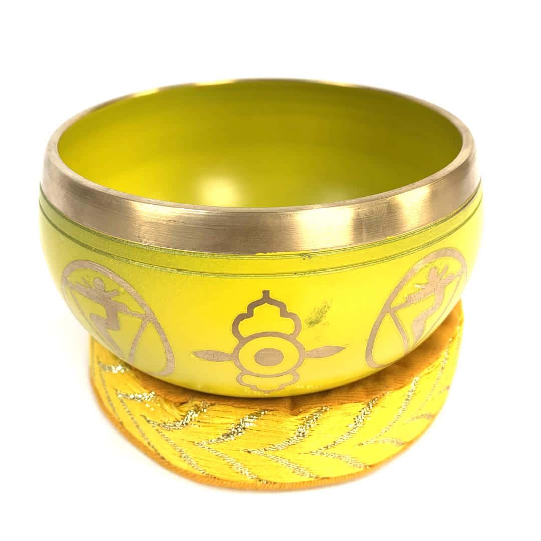 Tibetan Singing Bowl 10cm, Brass Chakra With Matching Cushion & Striker; Green Or Yellow Available - Image 3
