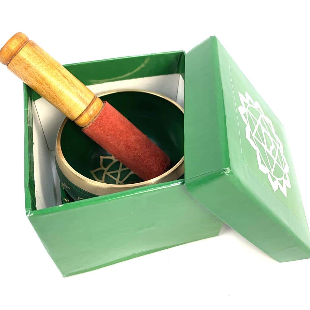 Tibetan Singing Bowl 10cm, Brass Chakra With Matching Cushion & Striker; Green Or Yellow Available - Image 4