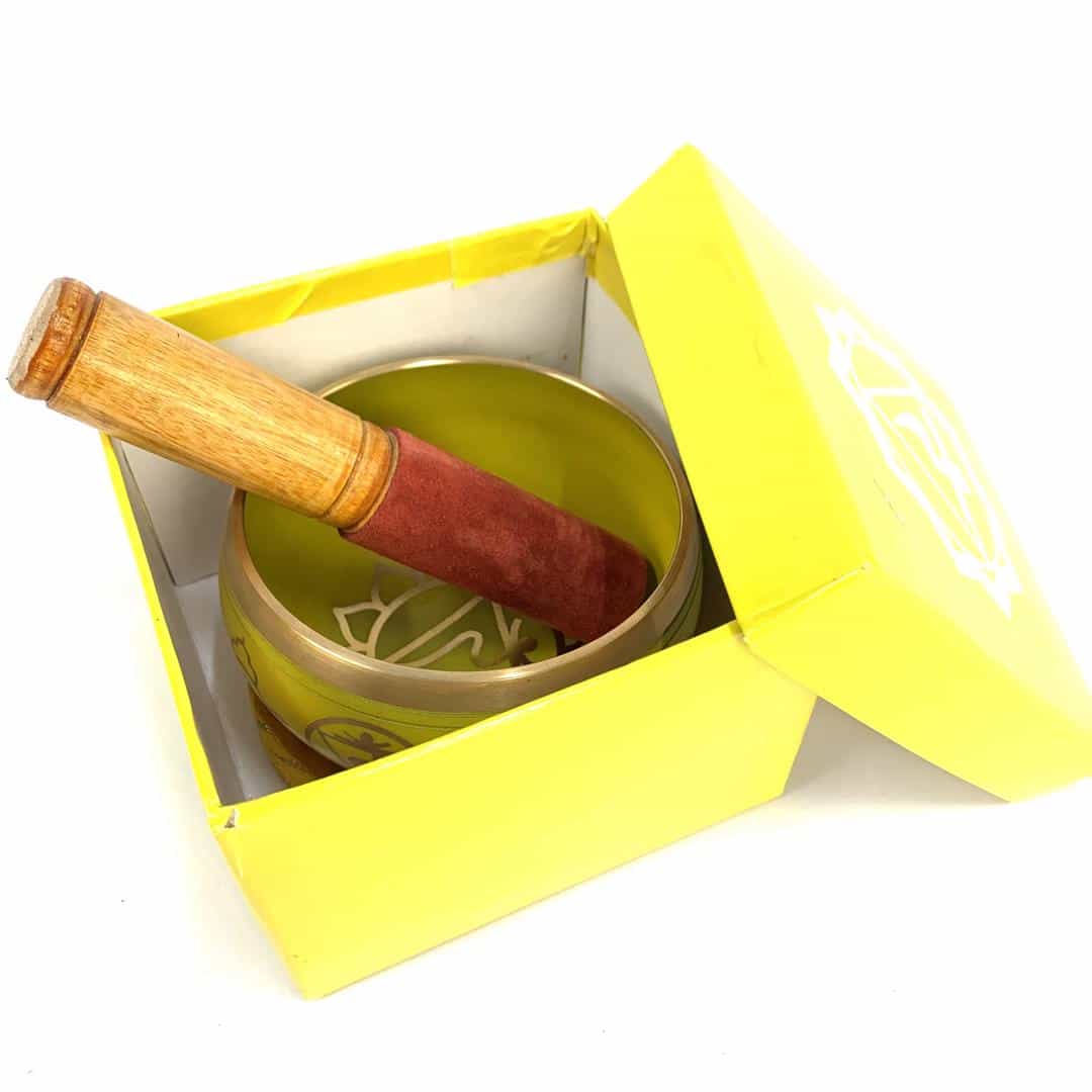 Tibetan Singing Bowl 10cm, Brass Chakra With Matching Cushion & Striker; Green Or Yellow Available - Image 5